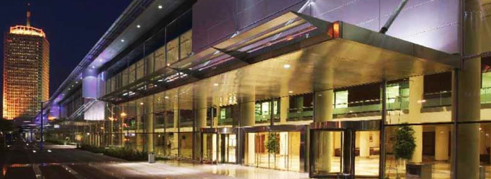 Modern glass building at night